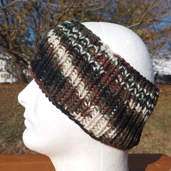 Men's Handmade Headband Circlet Bandeau Camo Black Brown Rib Knit USA Womens M/L - Picture 2 of 10